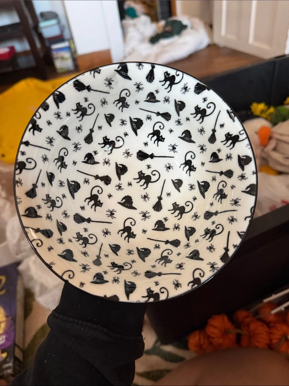 White Ceramic Bowl with Black Halloween Cat & Witch Print